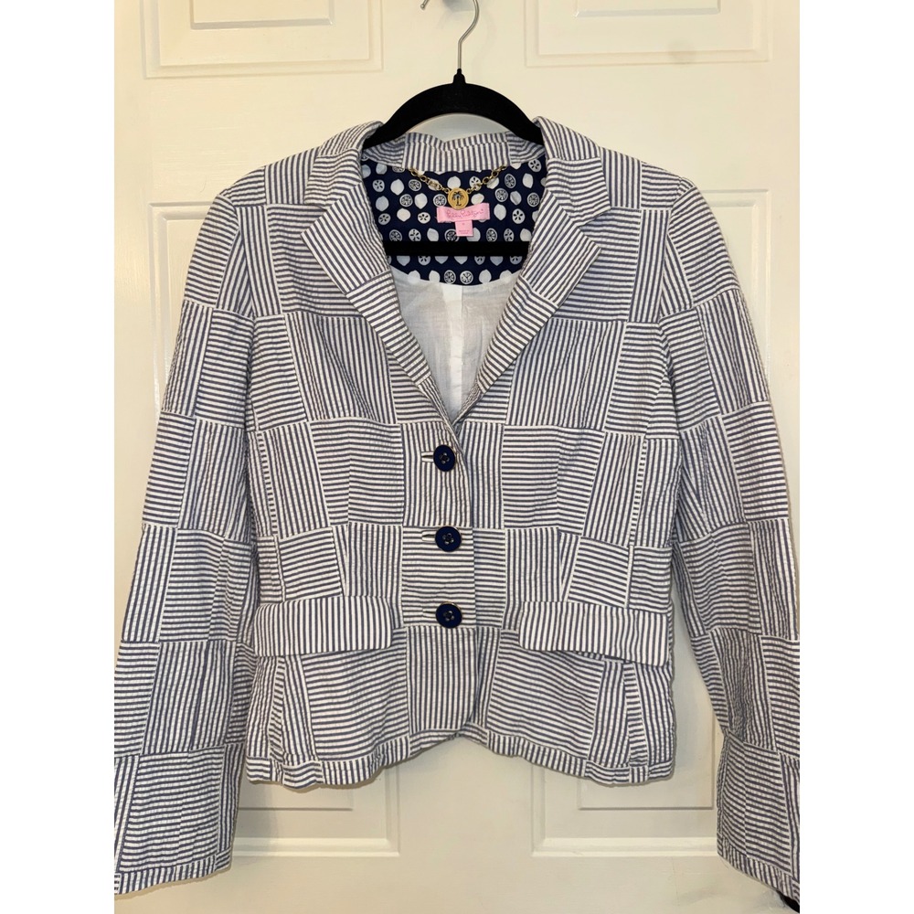 Lilly Pulitzer Blue White Seersucker Patchwork Blazer Jacket Size 6 Cotton